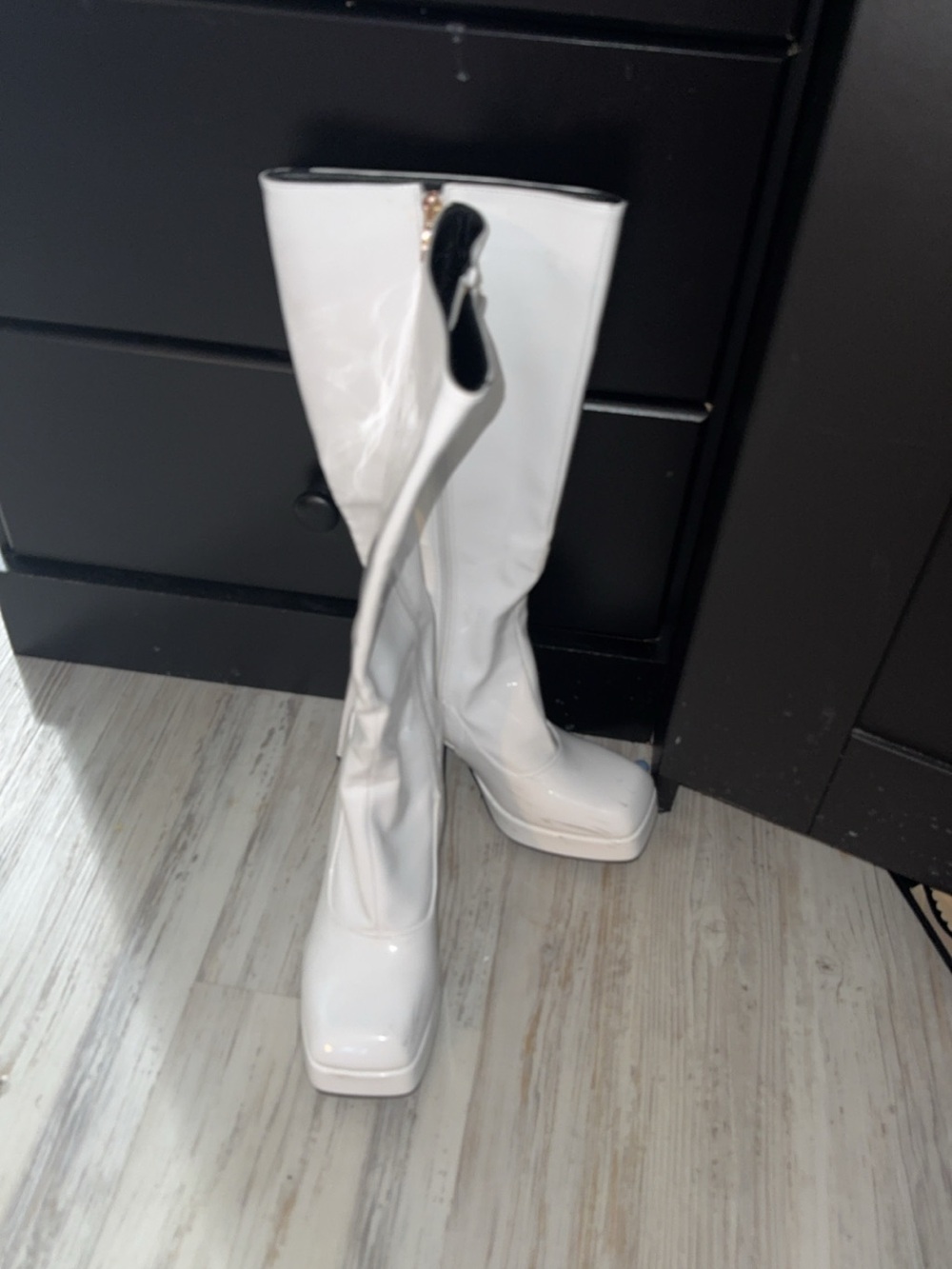 White Patent Knee-High Platform Boots - Women's